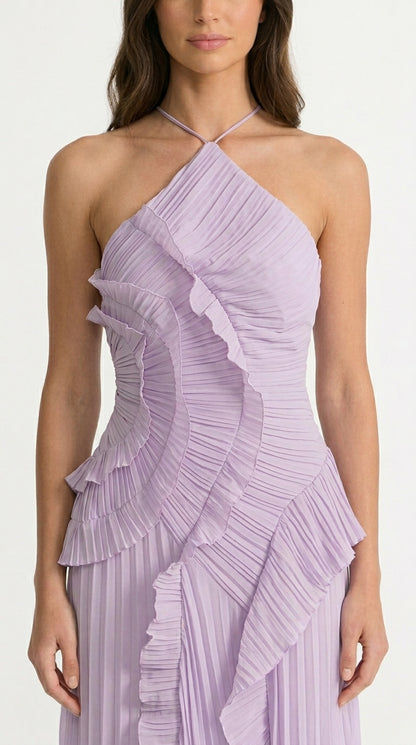 Sofía - Vestido Midi Plisado Halter con Detalles de Volantes en Cascada - Lavanda