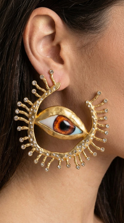 Inés - Pendientes de Ojo Llamativos con Detalles de Rayos de Cristal - Dorado