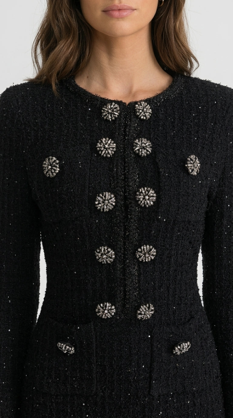Camila - Vestido Midi de Tweed Texturizado con Detalle de Botones de Cristal - Negro