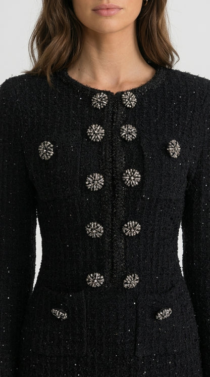 Camila - Vestido Midi de Tweed Texturizado con Detalle de Botones de Cristal - Negro