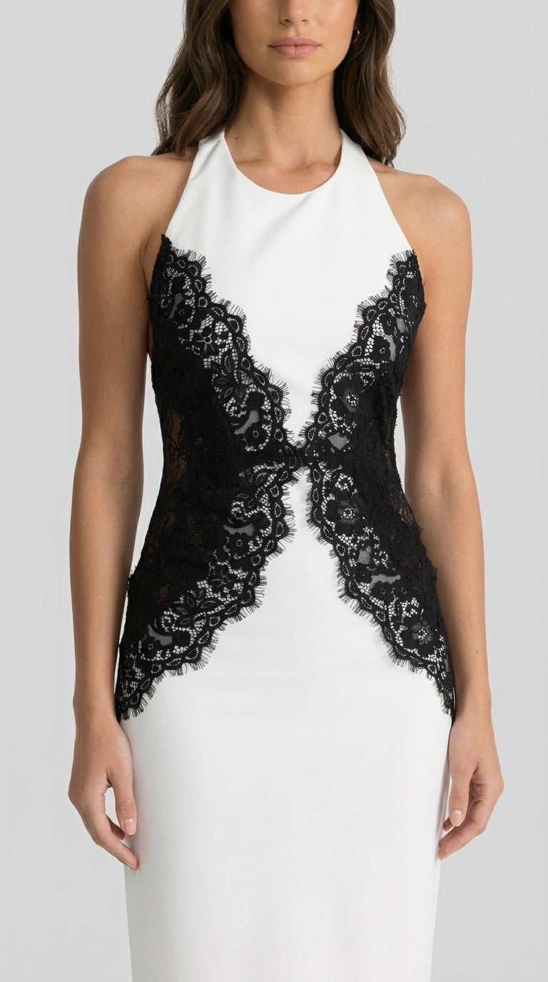 Martina - Vestido Maxi Halter con Paneles de Encaje Contrastante - Blanco