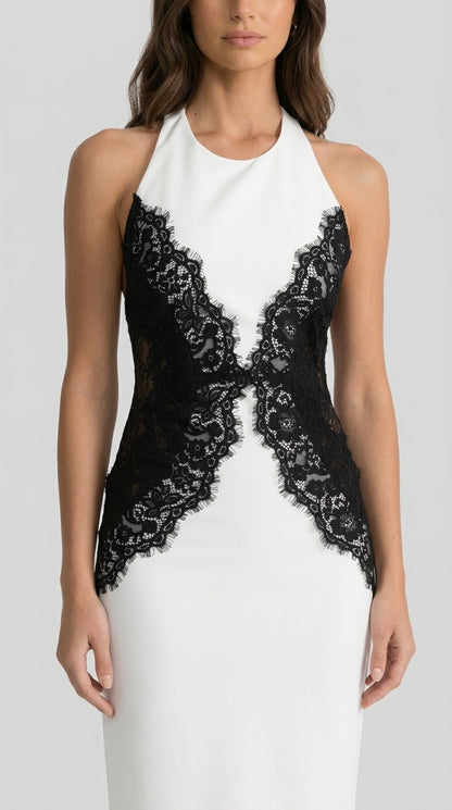 Martina - Vestido Maxi Halter con Paneles de Encaje Contrastante - Blanco