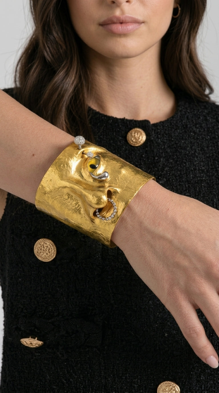 Dolores - Brazalete Martillado con Acentos de Cristal - Dorado