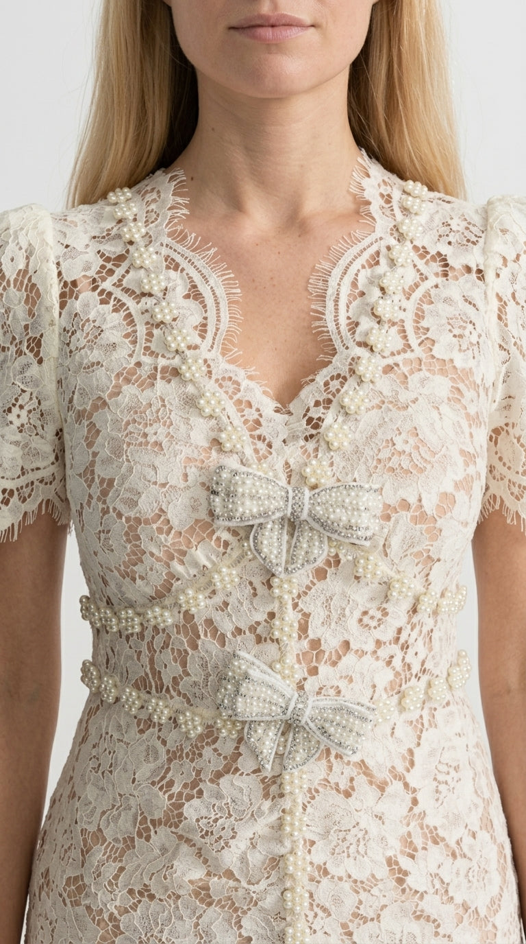 Isabella - Vestido Midi de Encaje con Detalles de Lazo - Marfil