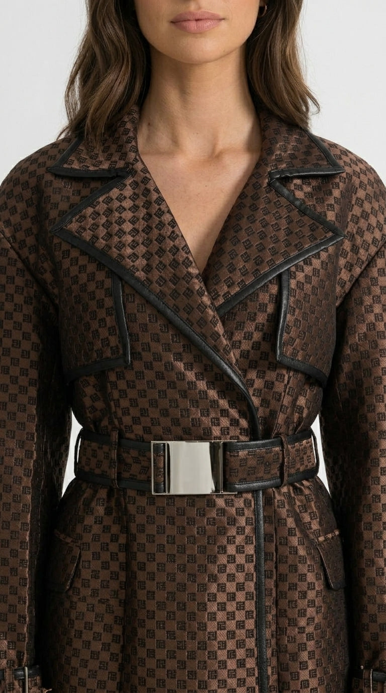 Adriana - Abrigo Trench de Jacquard con Cinturón de Hebilla Dorada - Marrón