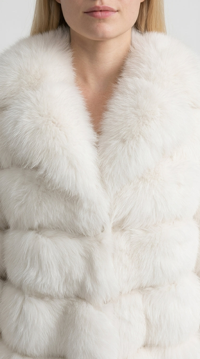 Natalia - Chaqueta de Piel de Zorro en Capas con Cuello Chal Oversized - Blanco