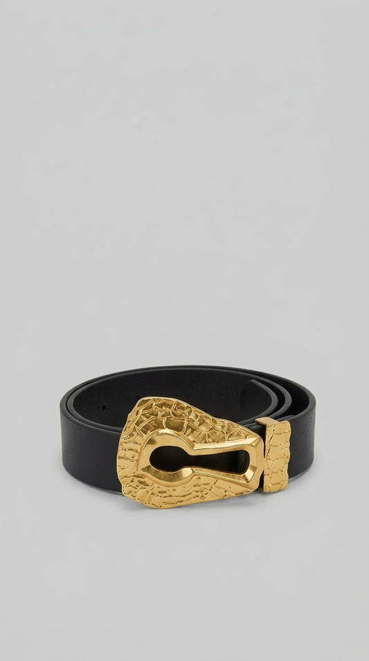 Milagros - Cinturón con Hebilla Escultórica Martillada en Forma de Ojo de Cerradura - Negro