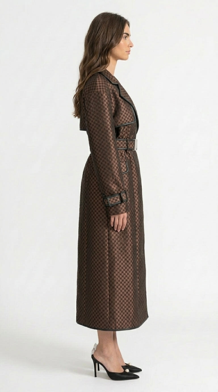 Adriana - Abrigo Trench de Jacquard con Cinturón de Hebilla Dorada - Marrón