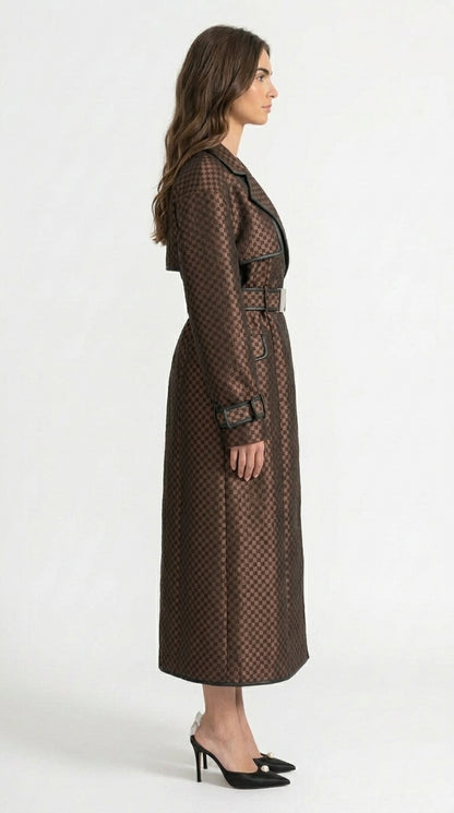 Adriana - Abrigo Trench de Jacquard con Cinturón de Hebilla Dorada - Marrón