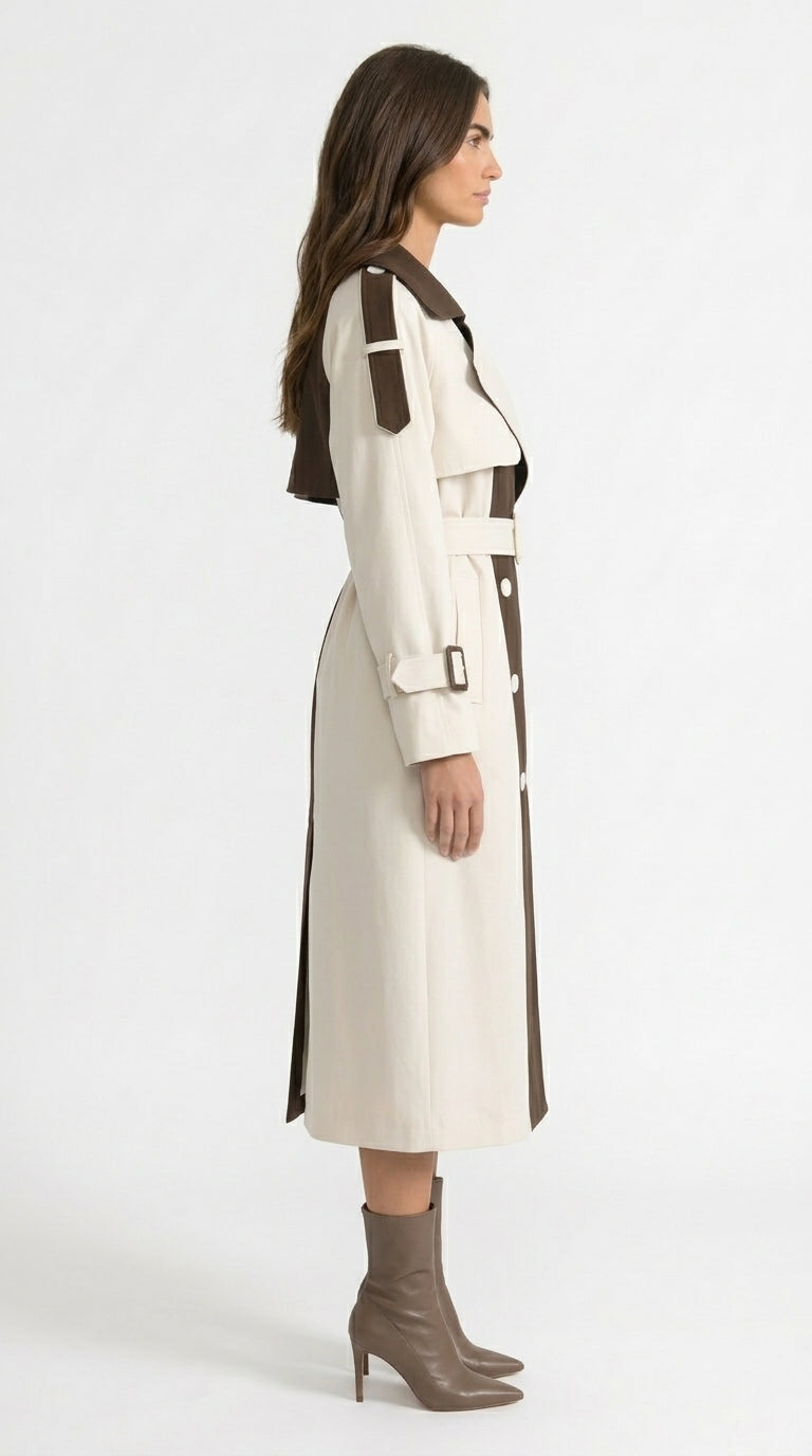 Alejandra - Abrigo Trench Bicolor de Doble Botonadura - Crema y Marrón