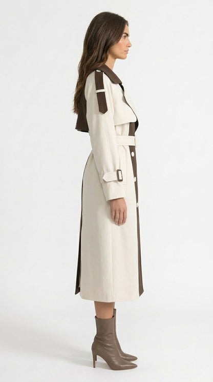 Alejandra - Abrigo Trench Bicolor de Doble Botonadura - Crema y Marrón