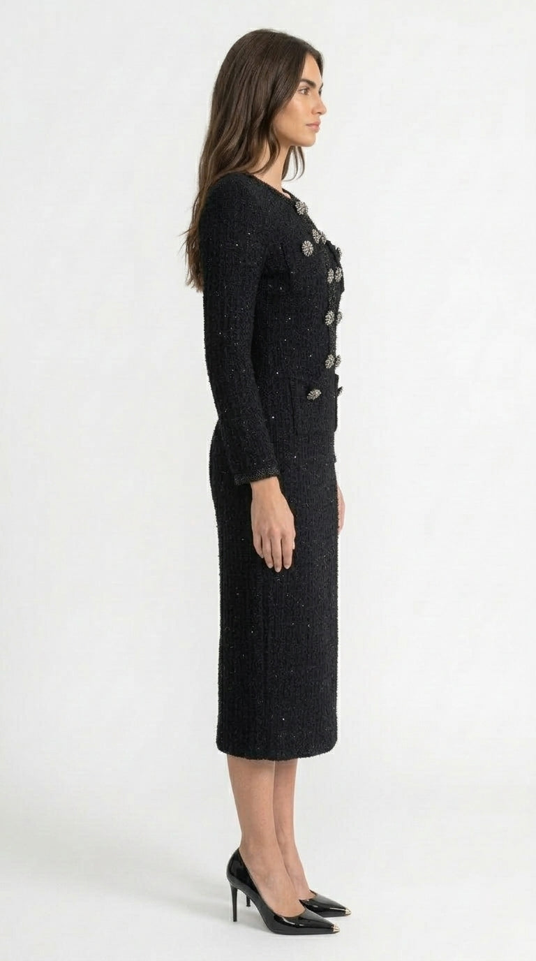 Camila - Vestido Midi de Tweed Texturizado con Detalle de Botones de Cristal - Negro
