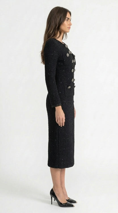 Camila - Vestido Midi de Tweed Texturizado con Detalle de Botones de Cristal - Negro