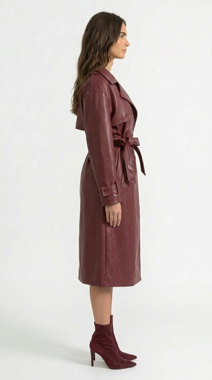 Claudia - Abrigo Trench de Piel Vegana - Burdeos