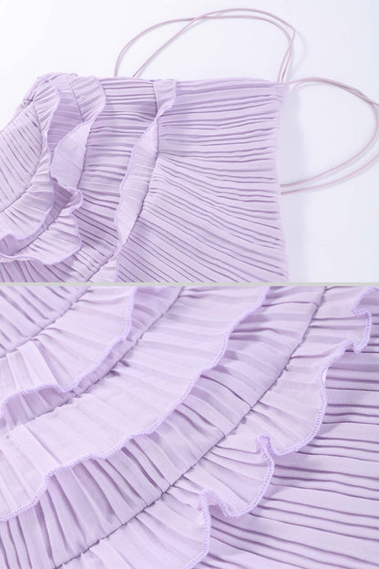 Sofía - Vestido Midi Plisado Halter con Detalles de Volantes en Cascada - Lavanda