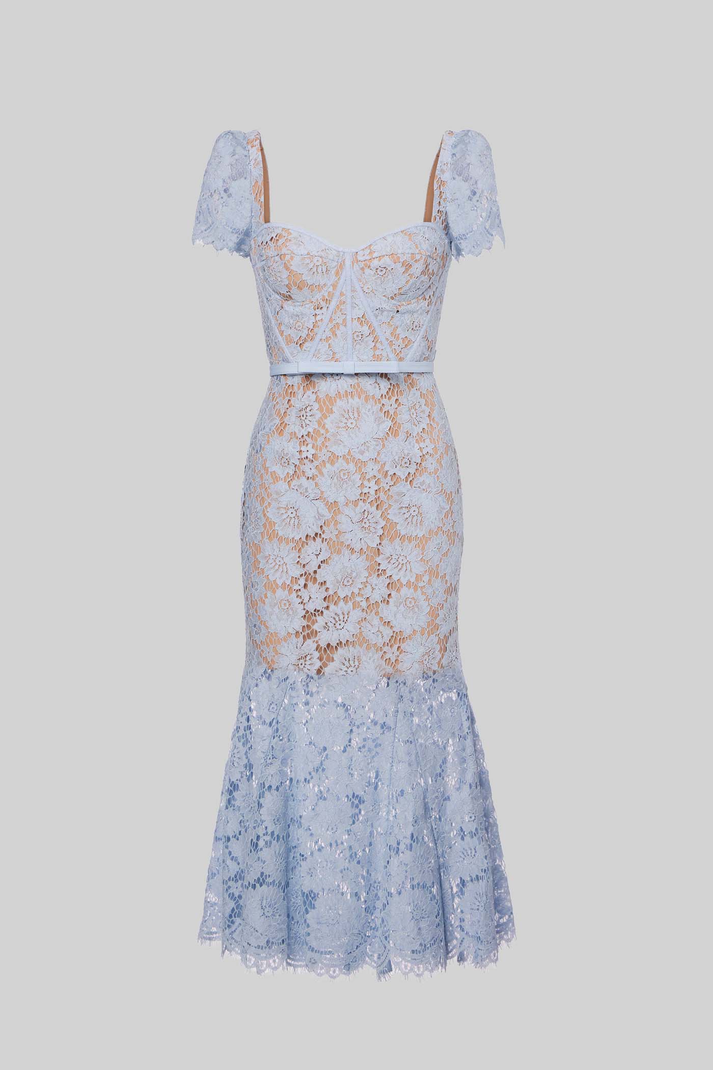 Natalia - Vestido de Encaje con Manga Corta y Delicado Cinturón a Juego - Azul