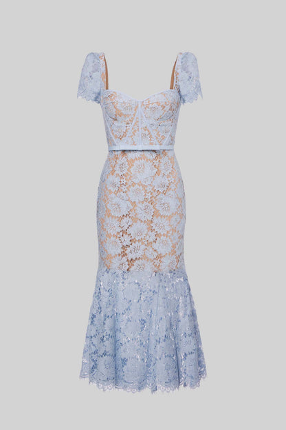 Natalia - Vestido de Encaje con Manga Corta y Delicado Cinturón a Juego - Azul